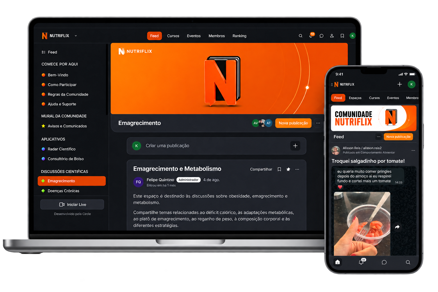 Comunidade Nutriflix — feed no computador e no aplicativo
